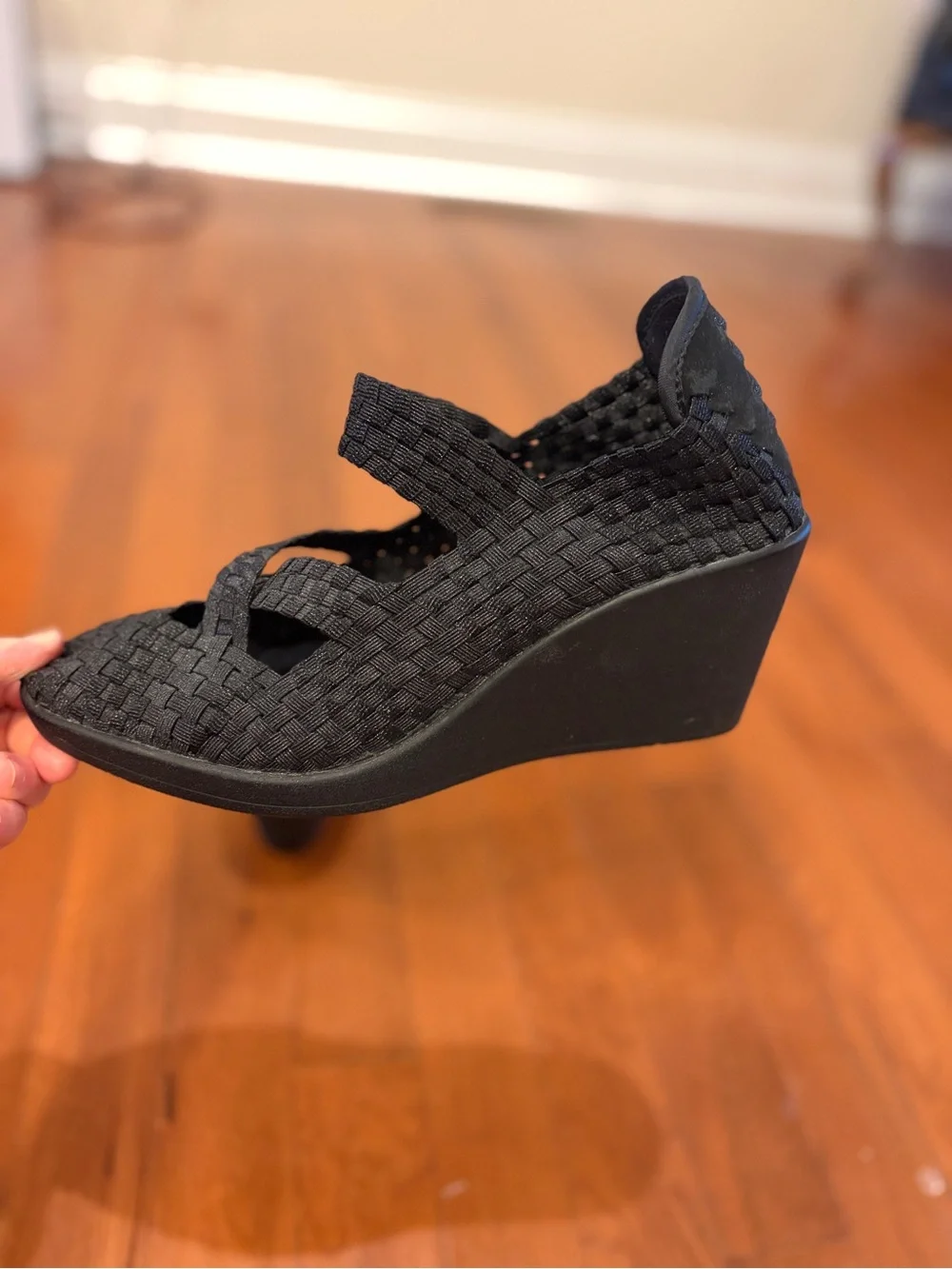 Steve Madden | Women's “Maryane” Black Woven Wedge Sandals - Comfort Style